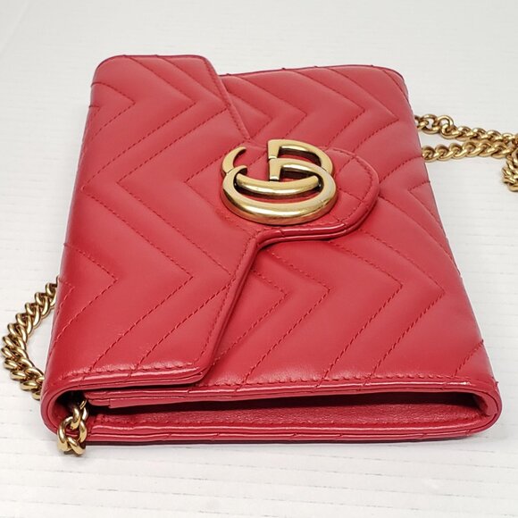Gucci Marmont Red Chevron Gold Chain Clutch Crossbody Bag 550-100525 - Picture 3 of 16